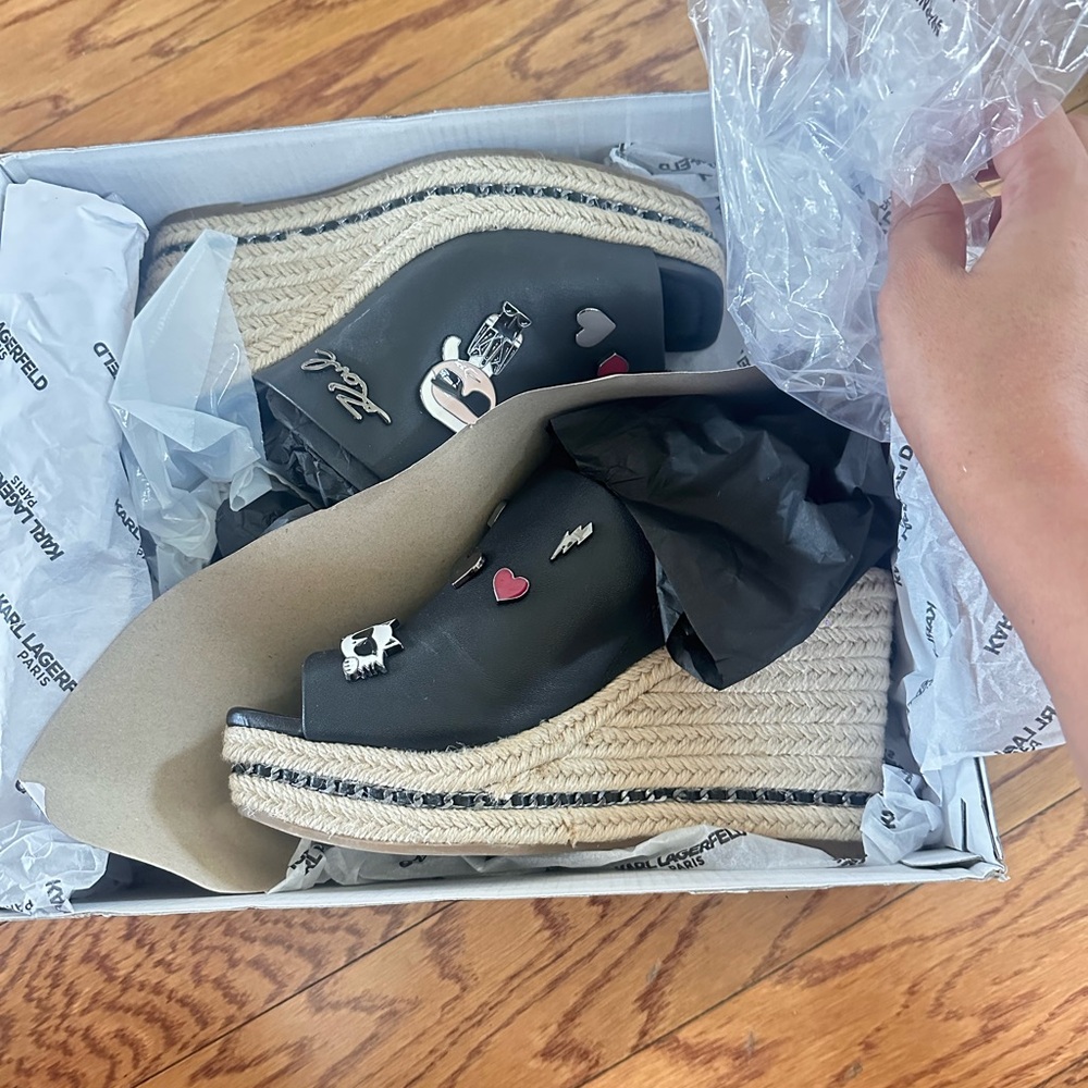 Karl Lagerfeld Black Wedge Espadrilles